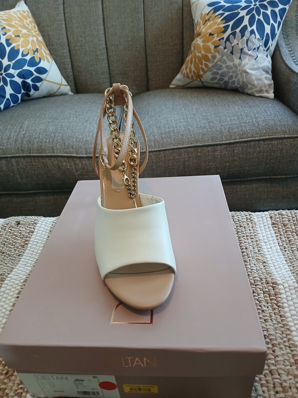 Sleek White Open-Toe Heels with Gold Chain Ankle Strap